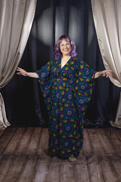 Reproduction 1972 Caftan at Costume College 2024. Simplicity 8505. Photo by Mark Edwards Photographer.