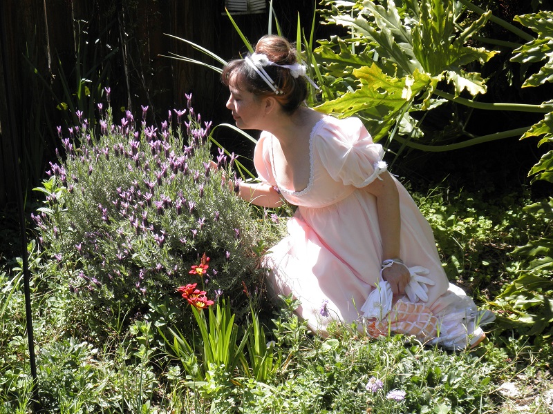 Reproduction Regency Peach with White Sheer Ball Gown. In the Garden. April 2011