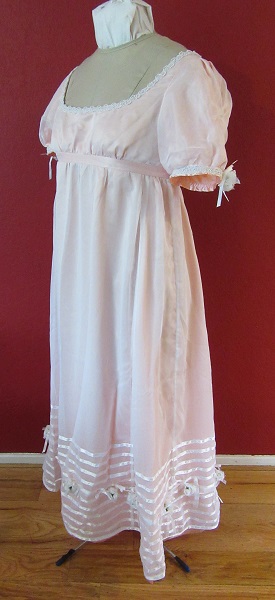 Regency Peach with White Sheer Ball Gown  Left Quarter View. La Mode Bagatelle Regency Wardrobe