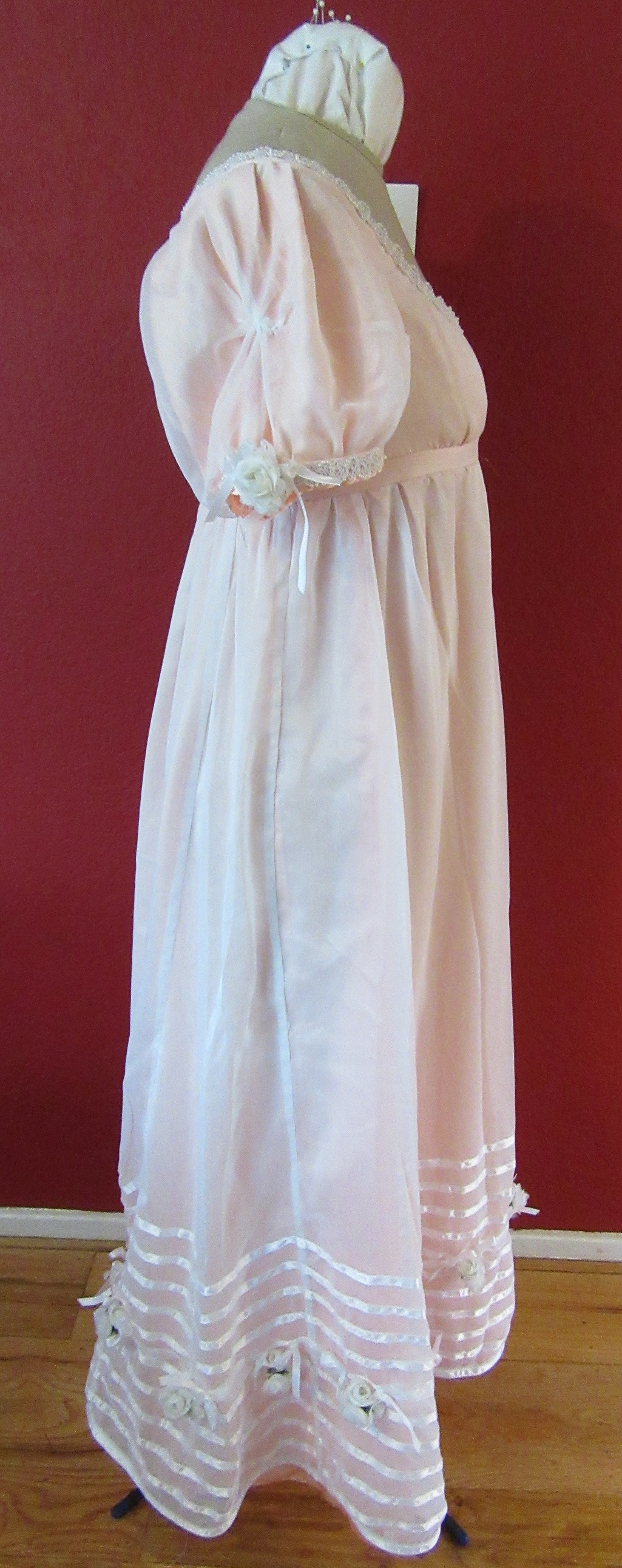 Regency Peach with White Sheer Ball Gown  Right. La Mode Bagatelle Regency Wardrobe