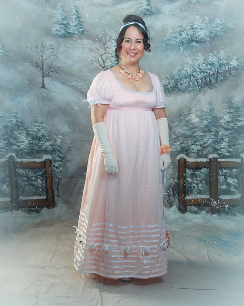 Reproduction Regency Peach Evening Gown. La Mode Bagatelle Regency Wardrobe. Photograph by Nicholas Burlett.