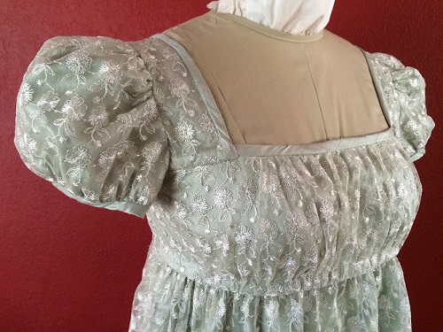 Reproduction Regency Ice Green Evening Dress Bodice Detail. 