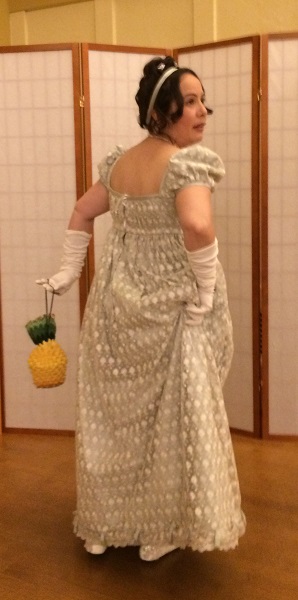 Reproduction Regency Ice Green Evening Dress with knitted pineapple reticule. Winter Dreams 2017. 