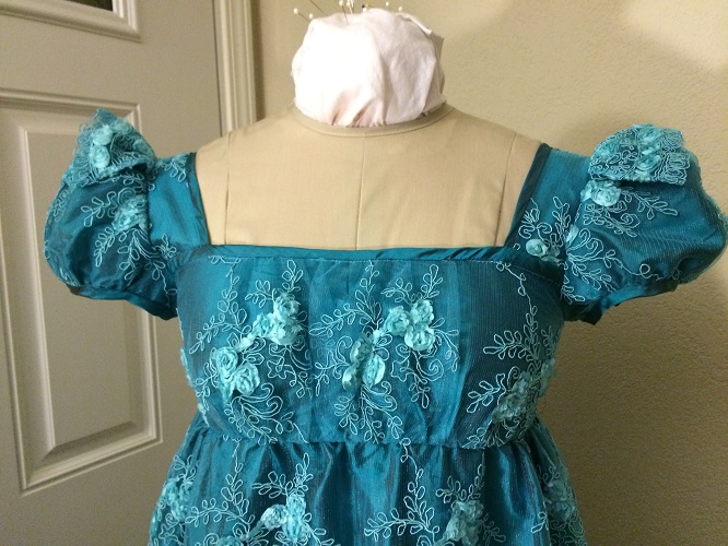 Reproduction Regency Peacock Teal Evening Dress Bodice Detail.