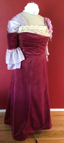 1900s Reproduction Raspberry Velvet Ball Gown Dress Right Quarter View. 
