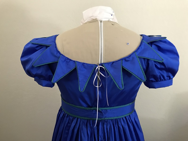 Reproduction 1820s Blue Dress with Van Dyke Points Bodice Back.