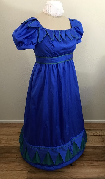 Reproduction 1820s Blue Dress with Van Dyke Points Right Quarter View. 