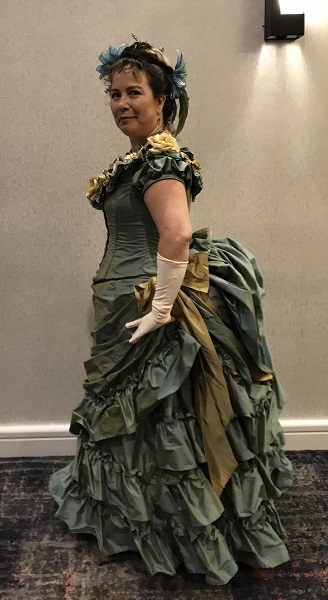 1870s Reproduction Blue Aqua Bustle Dresses at Costume College 2018 Gala.