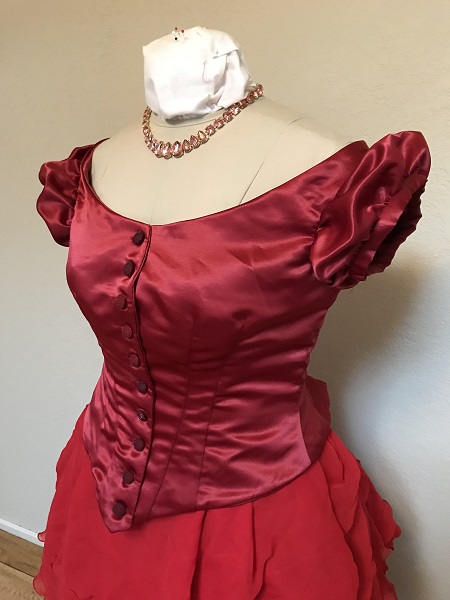 1870s Reproduction Red Polyester Bodice Left Quarter View.