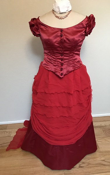 1870s Reproduction Red Bustle Dress Front. 
