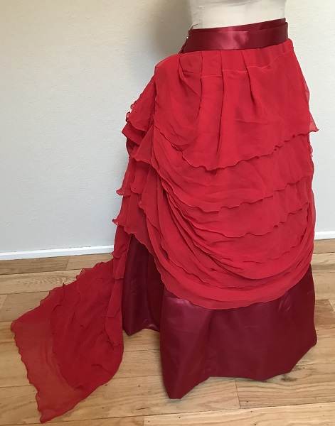 1870s Reproduction Red Polyester Overskirt Right Quarter View. 