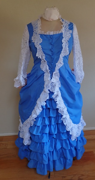 1880s Reproduction Blue Tissot Quiet Bustle Dress Front. 
