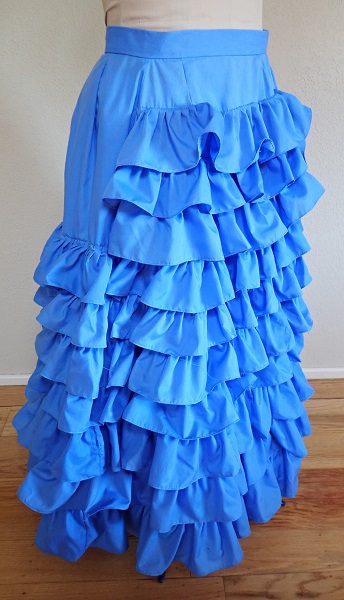 1880s Reproduction Blue Tissot Quiet Bustle Skirt Right Quarter View. 