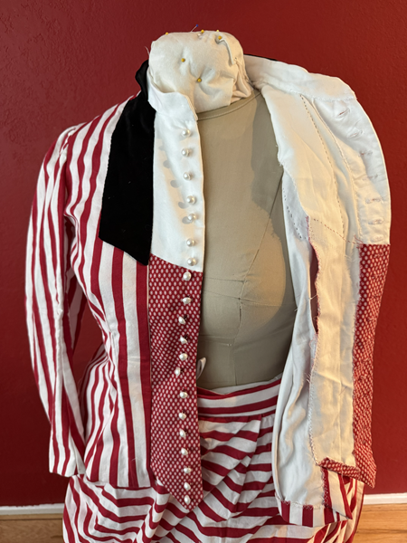 Reproduction 1885 Red Striped Bodice with Plastron Detail Button Placket. Truly Victorian TV460 