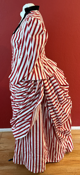 Reproduction 1885 Red Striped Seaside Dress with Plastron Left.Truly Victorian TV