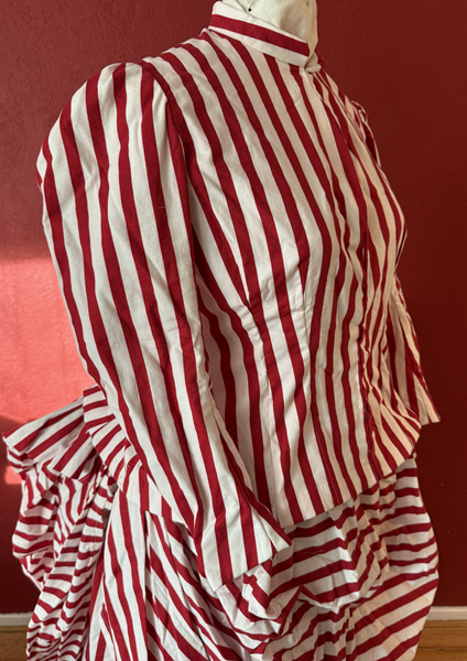 Reproduction 1885 Red Striped Bodice Right Quarter View.Truly Victorian TV460 