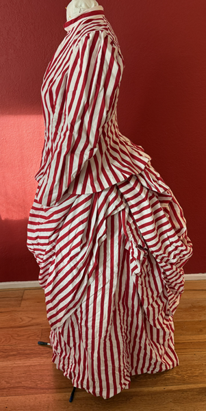 Reproduction 1885 Red Striped Seaside Dress Left.Truly Victorian TV
