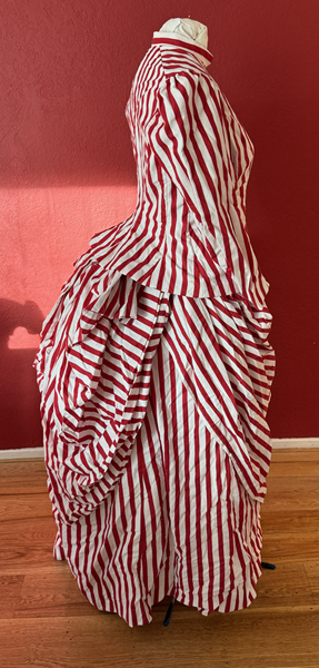 Reproduction 1885 Red Striped Seaside Dress Right.Truly Victorian TV 