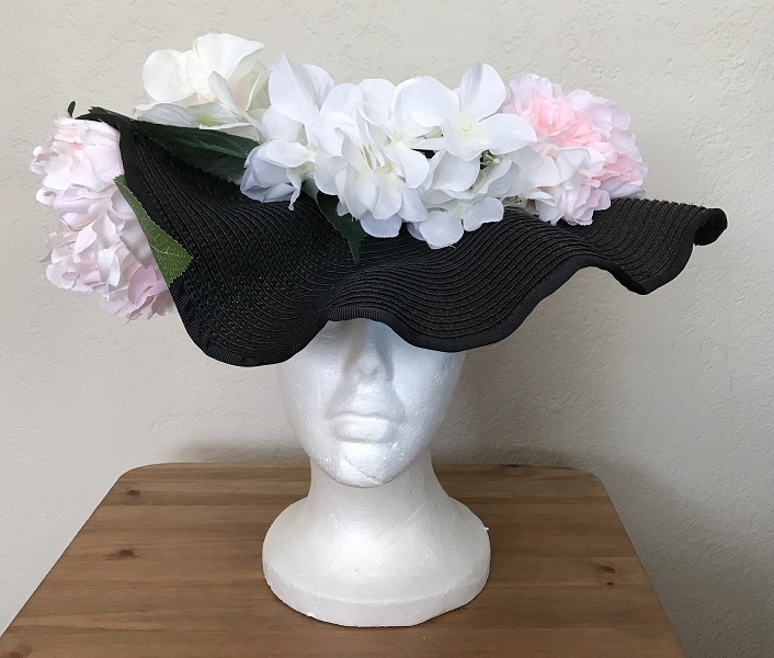 Reproduction Edwardian Black Wavy Brimmed Hat Front. 