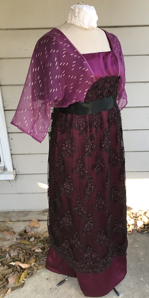 Reproduction 1910s Evening Dress Right Quarter View - Burgundy Silk. Laughing Moon #104