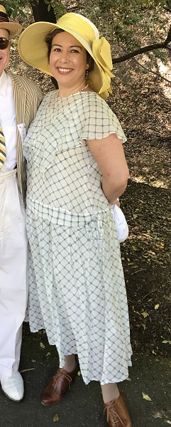 1924 Reproduction White with Green Print Dress at Gatsby Summer Afternoon. September 2018.