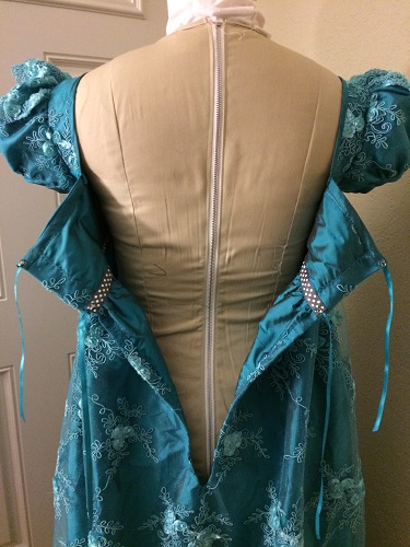 Reproduction Regency Peacock Teal Evening Dress Back Bodice Open Detail. 
