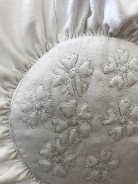 Reproduction White Cotton Round Reticule Flower Detail. 