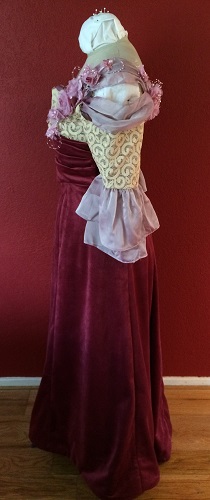 1900s Reproduction Raspberry Velvet Ball Gown Dress Left. 