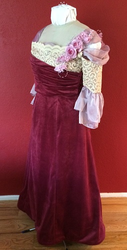 1900s Reproduction Raspberry Velvet Ball Gown Dress Left Quarter View.