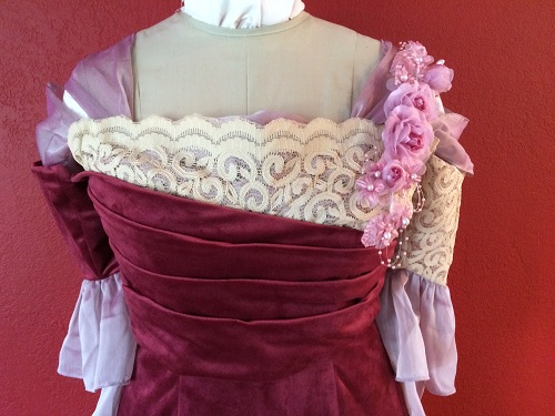 1900s Reproduction Raspberry Velvet Ball Gown Bodice Front. 