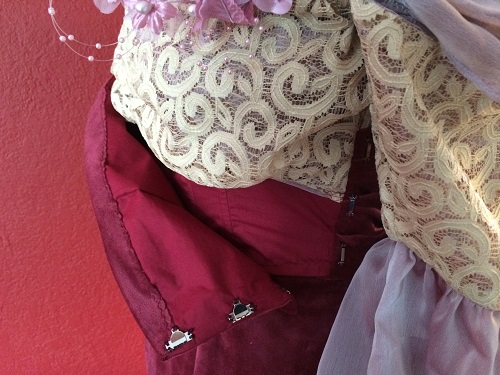 1900s Reproduction Raspberry Velvet Ball Gown Bodice Hook and Eyes on Left. 