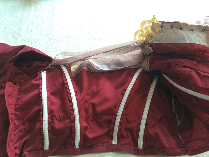 1900s Reproduction Raspberry Velvet Ball Gown Bodice Inside Middle. 