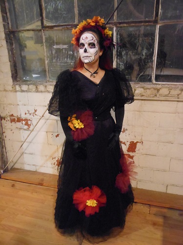 Reproduction Edwardian day of the dead black and purple evening dress
