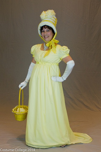 Reproduction yellow Regency day dress with bonnet. Photo by Andrew Schmidt.